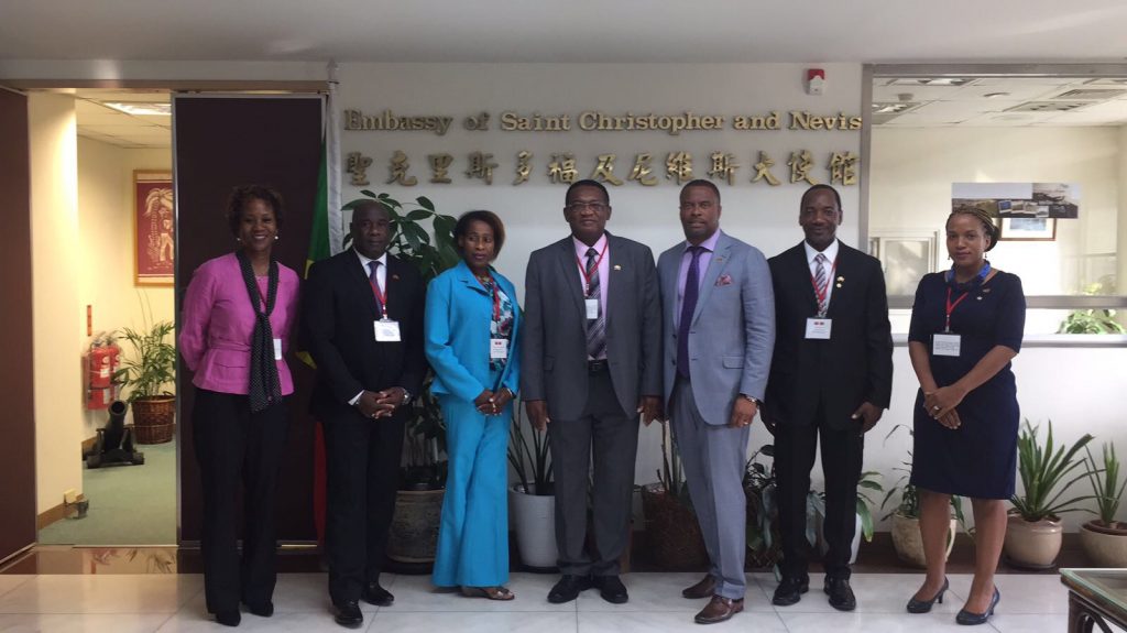 (l-r) Her Excellency Jasmin Huggins, St. Kitts and Nevis Resident Ambassador to the Republic of China (Taiwan), Hon. Alexis Jeffers, Minister in the Nevis Island Administration, Mrs. Juliette Hamilton and her husband Hon. Eugene Hamilton Minister in the Federal Government, Hon. Mark Brantley, Hon. Mark Brantley, Minister of Foreign Affairs in St. Kitts and Nevis, Mr. Kevin Barret, Permanent Secretary in the Ministry of Education on Nevis and Mrs. Nicole Slack-Liburd, Permanent Secretary in the Ministry of Health on Nevis on August 22, 2017, during the delegation’s visit to the Republic of China (Taiwan)